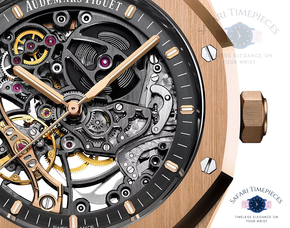 Close-up of Audemars Piguet Royal Oak Double Balance Wheel Openworked luxury watch with visible mechanical components and rose gold case.
