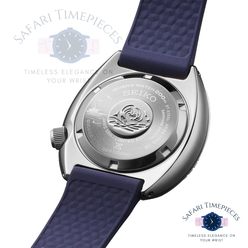 Seiko JAWS limited edition watch with blue strap on a white background, featuring Safari Timepieces branding.