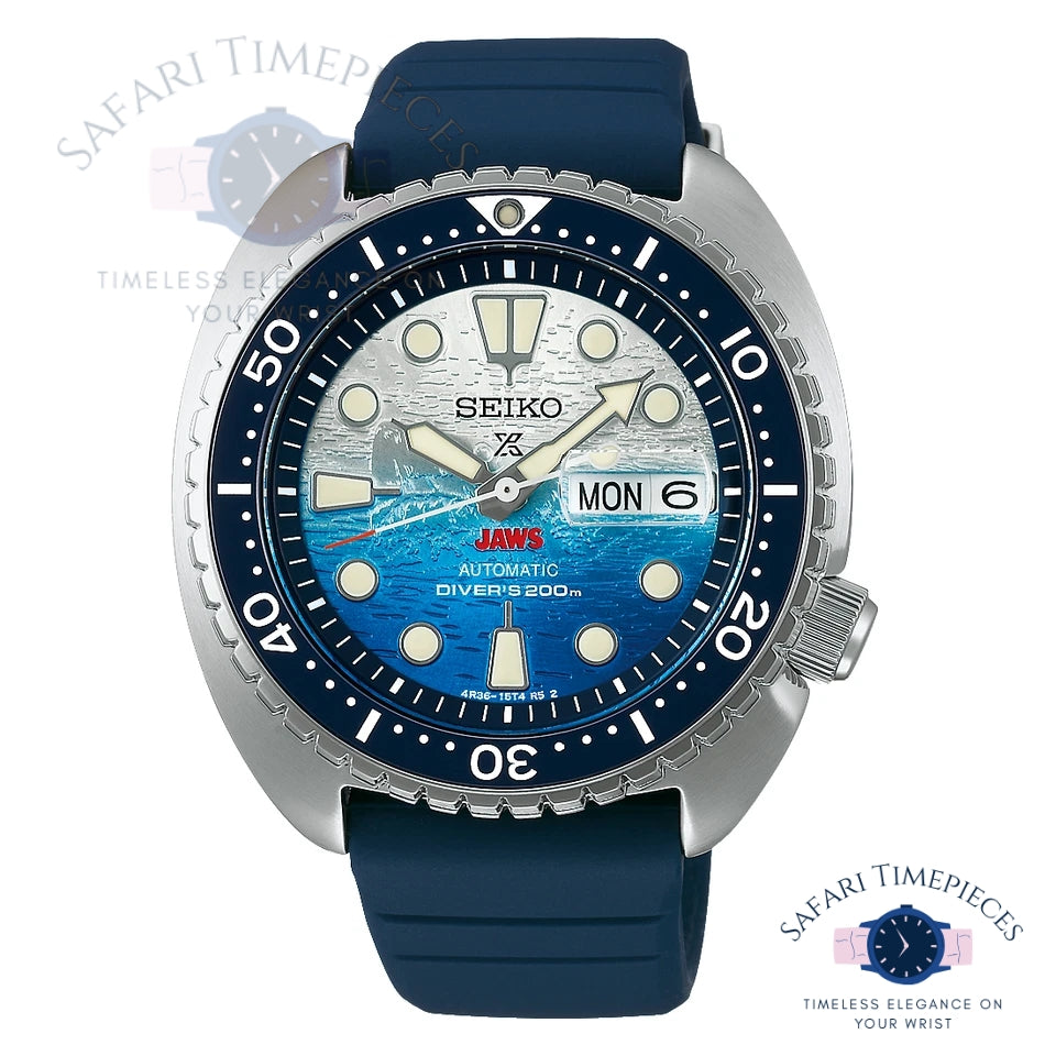 Seiko JAWS limited edition watch with blue strap and unique dial design on a white background