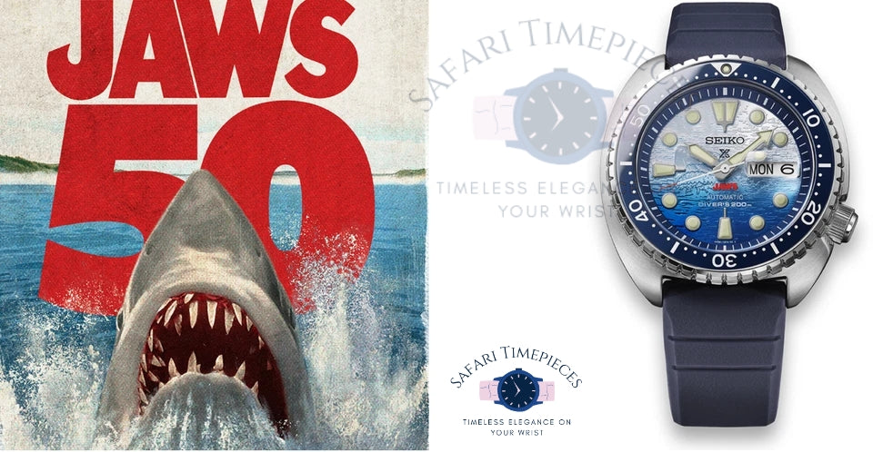 Sawyer watch with shark and 'Jaws 50' text on a blue background