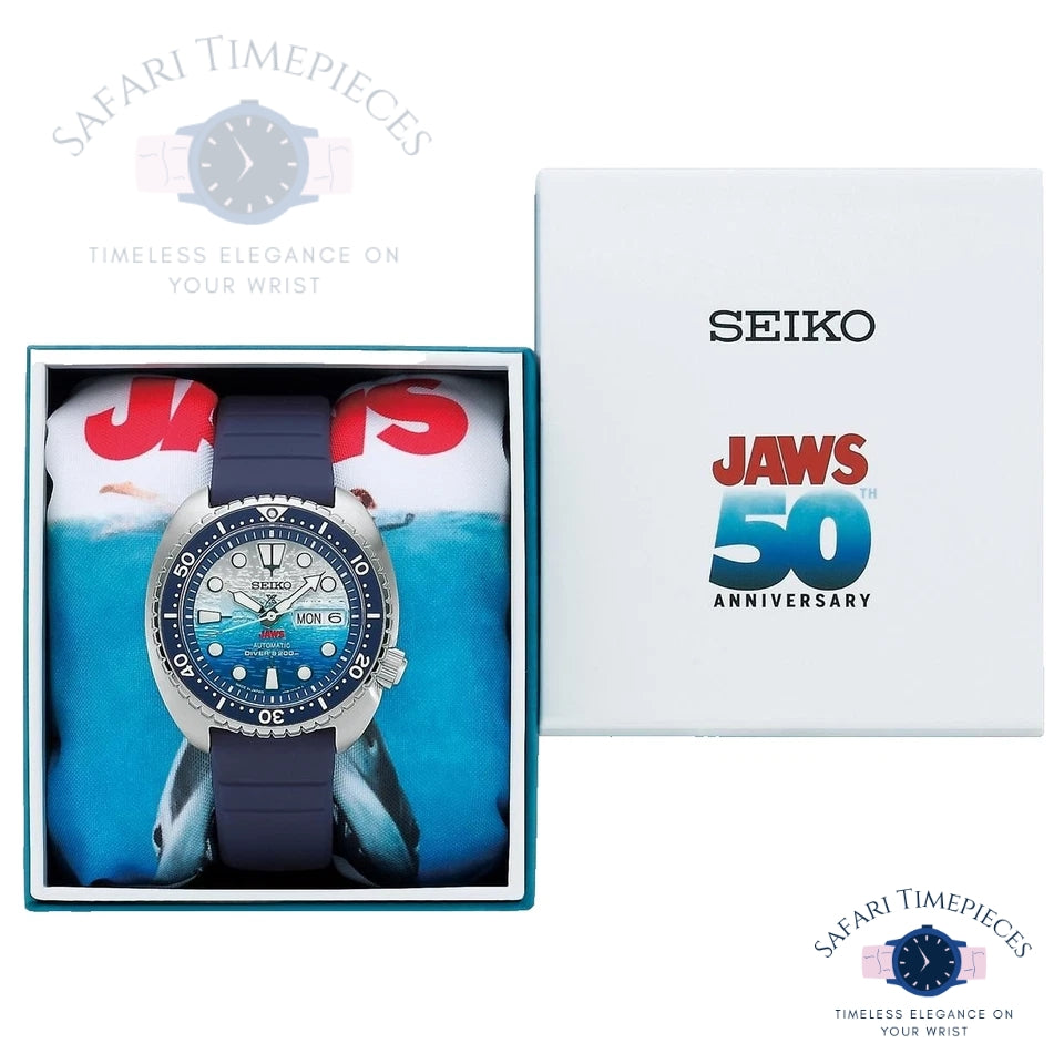 Seiko Jaws 50th Anniversary watch in packaging with Seiko logo and 'Jaws' branding.
