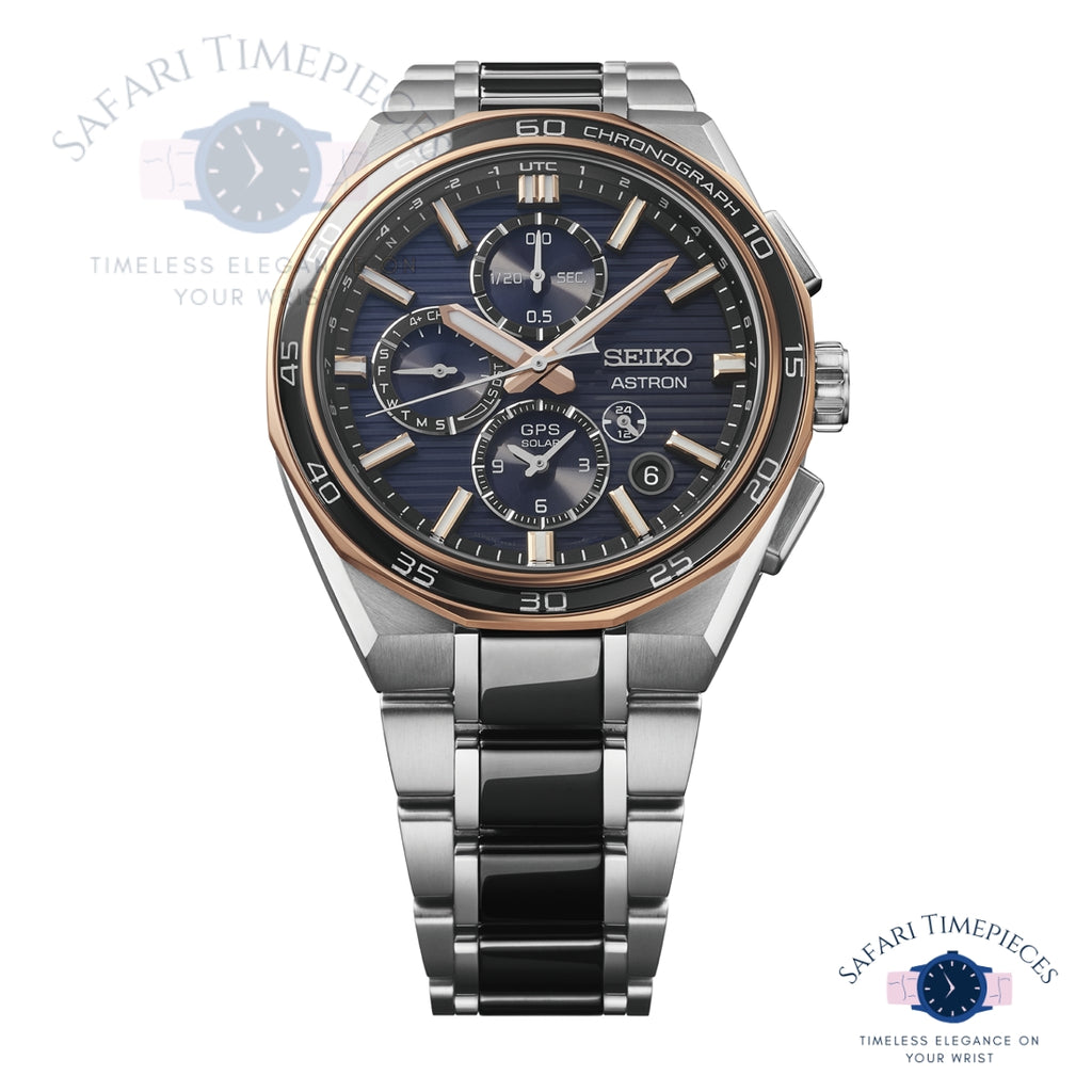 Seiko Astron watch with silver and rose gold accents on a white background