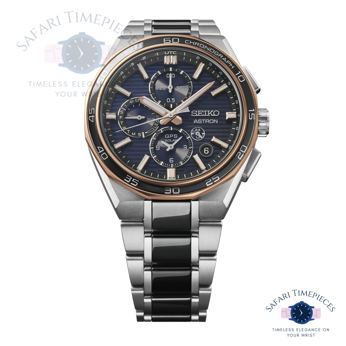 Seiko Astron watch with silver and rose gold accents on a white background