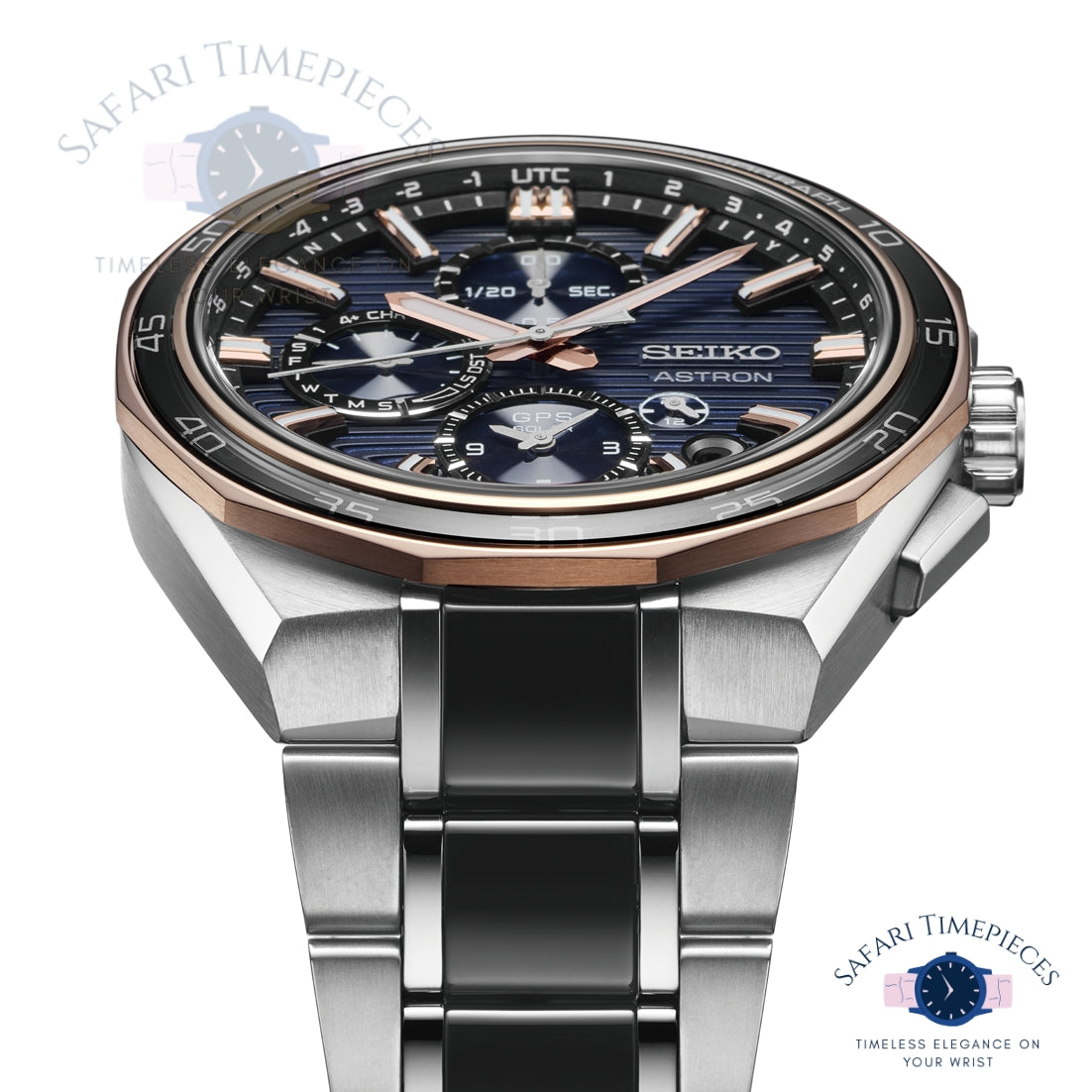 Seiko Astron watch with blue dial and silver metal strap on a white background