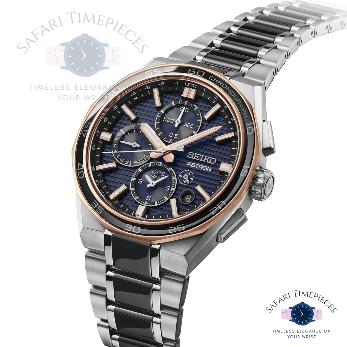 Seiko Astron watch with silver and rose gold band on a white background