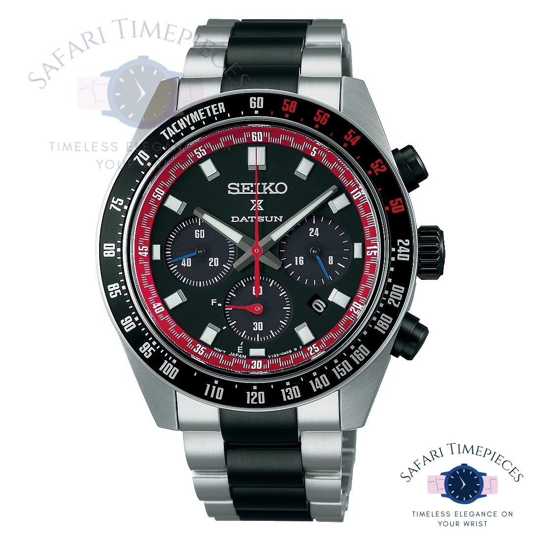 Seiko Solar Chronograph Datsun 240Z Limited Edition watch with black and red face on a white background