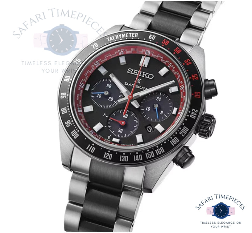 Seiko watch with silver bracelet and black dial on a white background