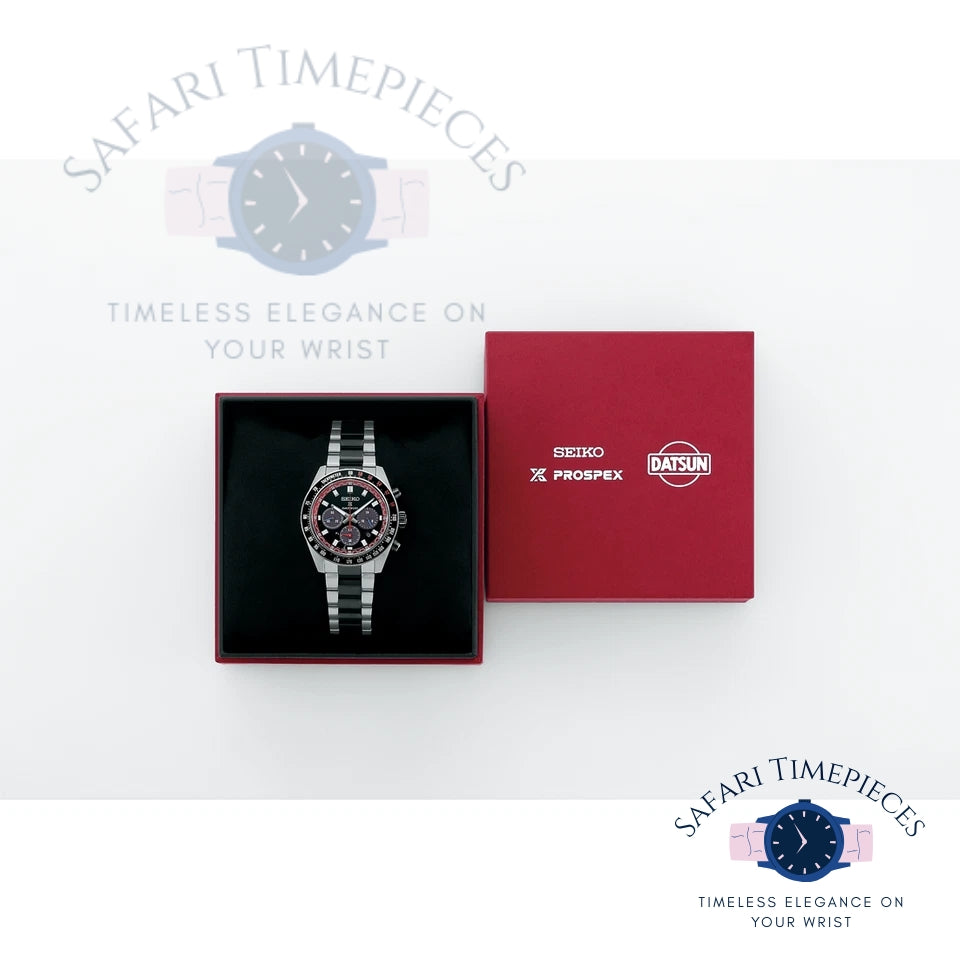 Watch in a box with Seiko and Datsun logos on a white background