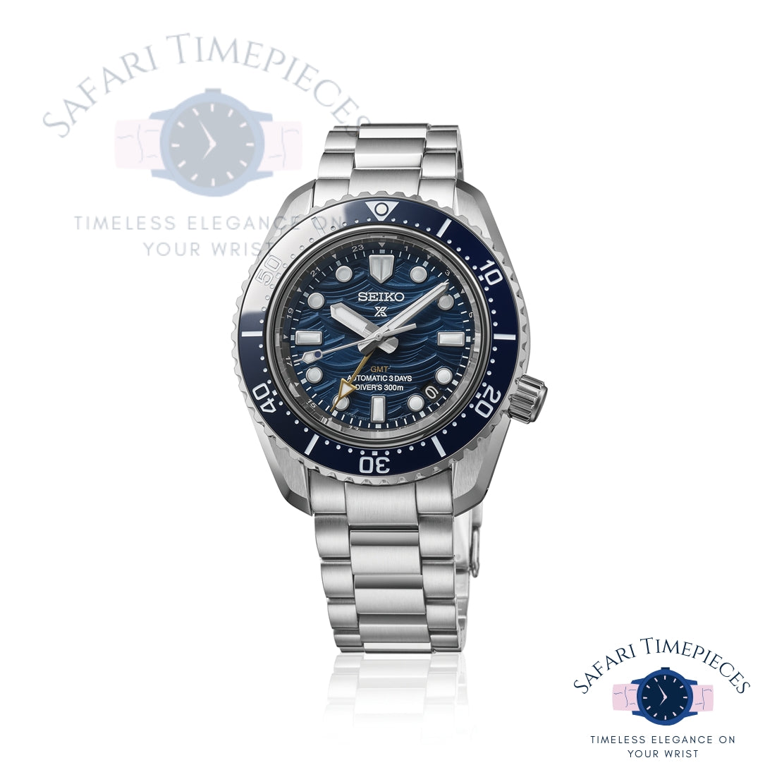 Seiko watch with blue dial and silver bracelet on a white background