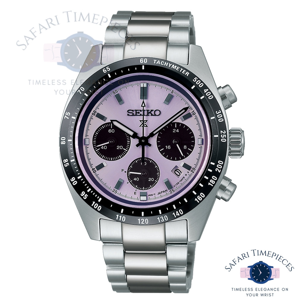 Silver Seiko Prospex Speedtimer Solar Chronograph World Athletics Championship Tokyo 25 Limited Edition watch with a purple face on a white background