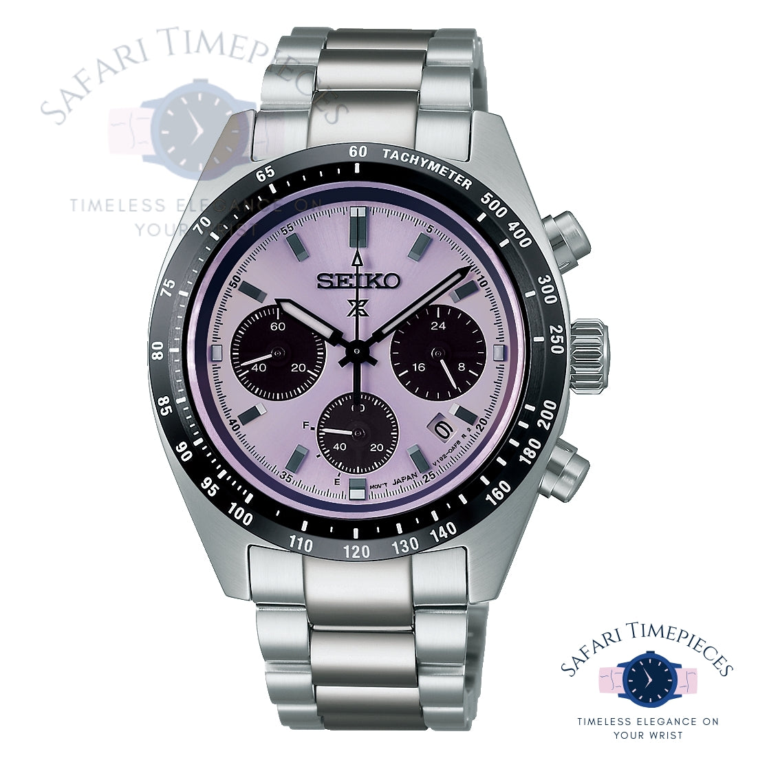 Silver Seiko Prospex Speedtimer Solar Chronograph World Athletics Championship Tokyo 25 Limited Edition watch with a purple face on a white background