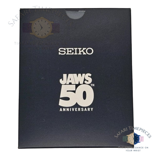 Seiko Jaws 50th Anniversary watch box on a white background