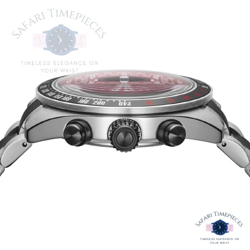 Close-up of a Seiko Solar Chronograph Datsun 240Z Limited Edition watch with a detailed face and brand logo on a white background