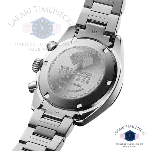Close-up of a silver Seiko Prospex Speedtimer Solar Chronograph World Athletics Championship Tokyo 25 Limited Edition watch with engraved text on a white background