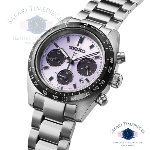 Silver Seiko Prospex Speedtimer Solar Chronograph World Athletics Championship Tokyo 25 Limited Edition watch with a white face on a white background