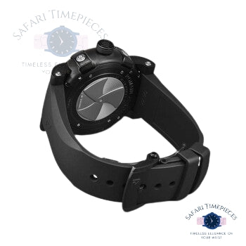 Black Romain Jerome Steampunk wristwatch with a metallic face on a white background, featuring the Safari Timerpieces logo.