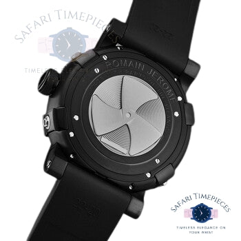 Black Romain Jerome Steampunk wristwatch with detailed design on a white background, featuring 'Safari Timepieces' branding.