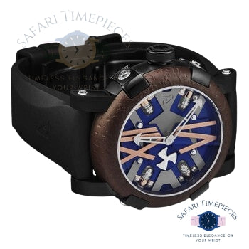 Safari Timépieces watch with black case and blue face on a white background