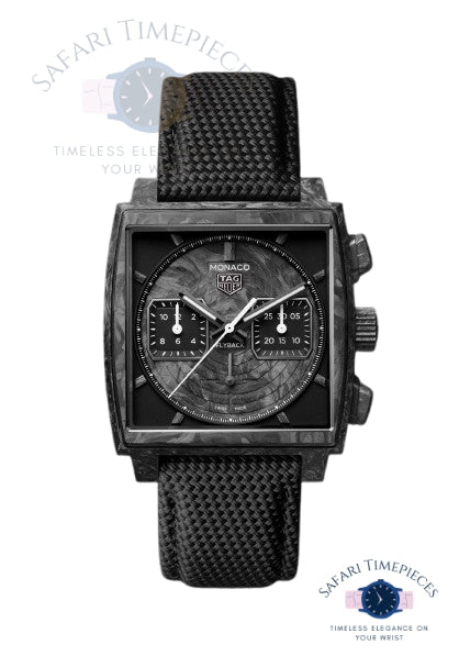 Black watch with detailed face on a white background, featuring the brand 'Safari Timepieces'.