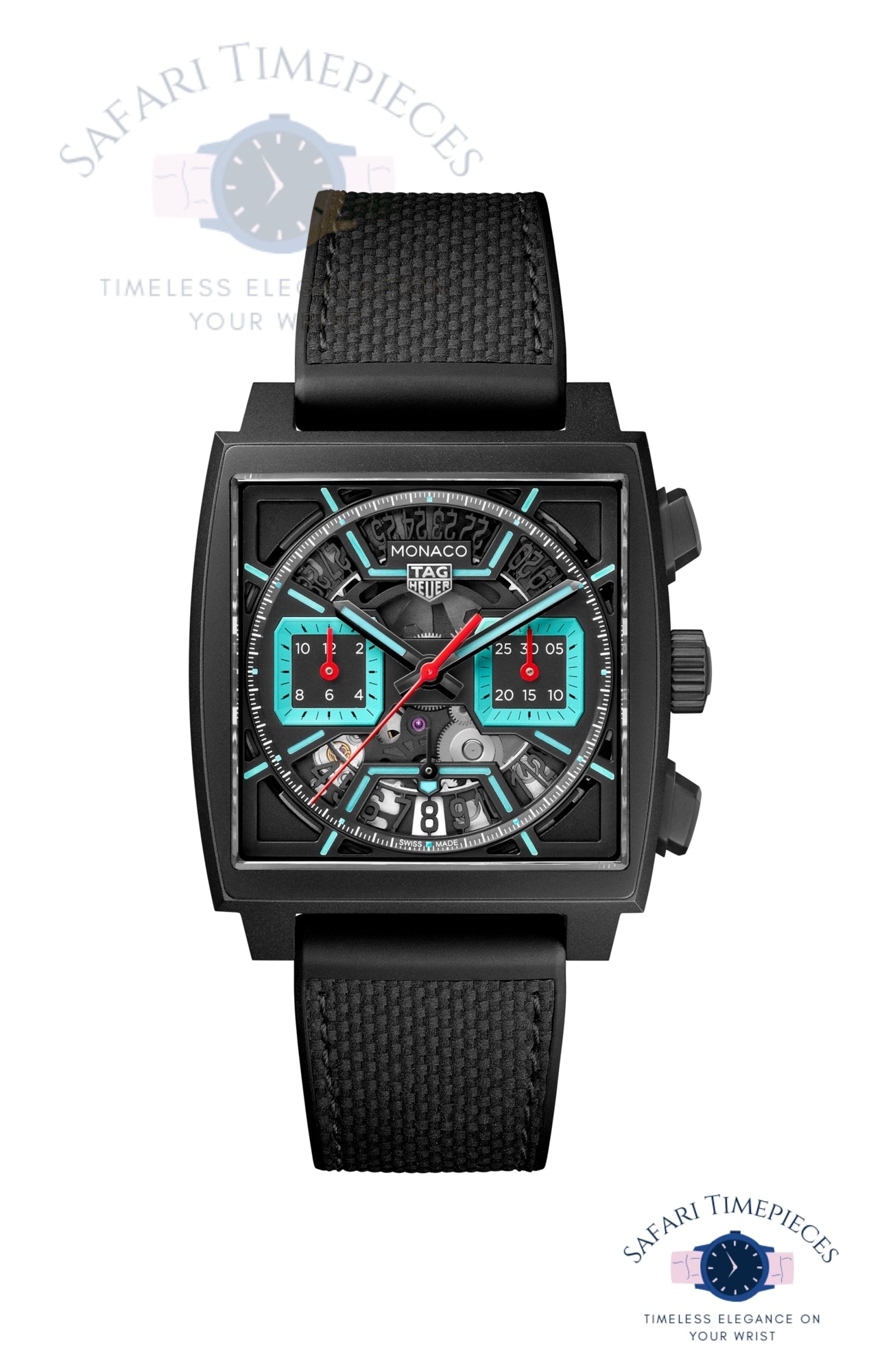 Black Tag Heuer Monaco Skeleton watch with detailed face on a white background, branded 'Safari Timepieces'.