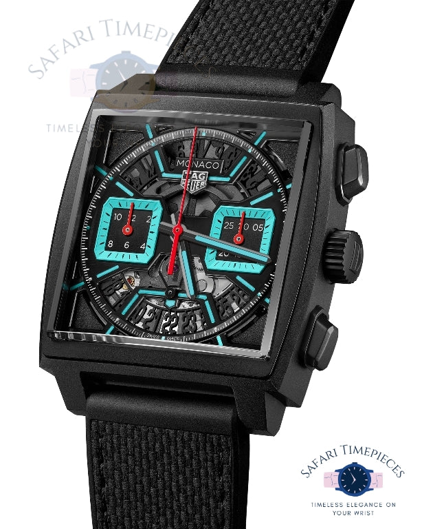 Tag Heuer Monaco Skeleton Luxury watch with black strap and intricate face design on a white background