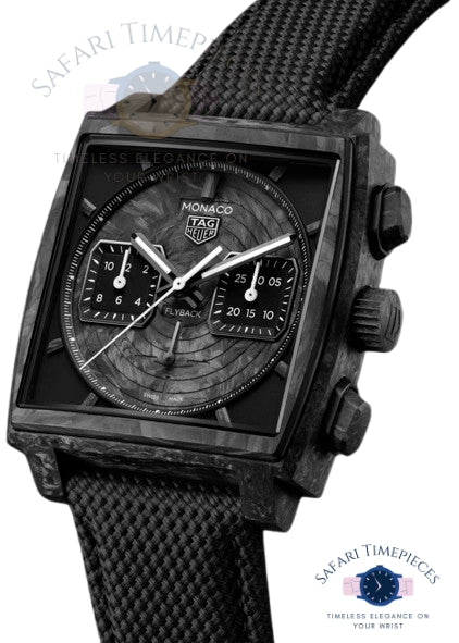 Black TAG Heuer Monaco Flyback Chronograph TH-Carbonspring Limited Edition watch with detailed face on a white background