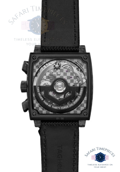Black TAG Heuer Monaco Flyback Chronograph TH-Carbonspring Limited Edition watch with a transparent case back and brand logo on a white background