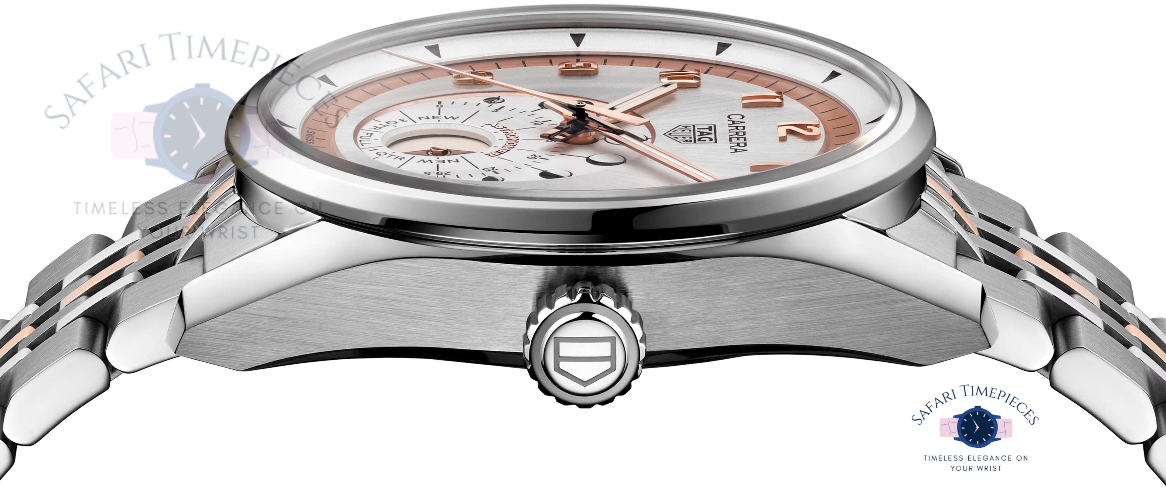 Silver TAG Heuer Carrera Astronomer watch with detailed face on a white background, featuring the Safari Timex logo.