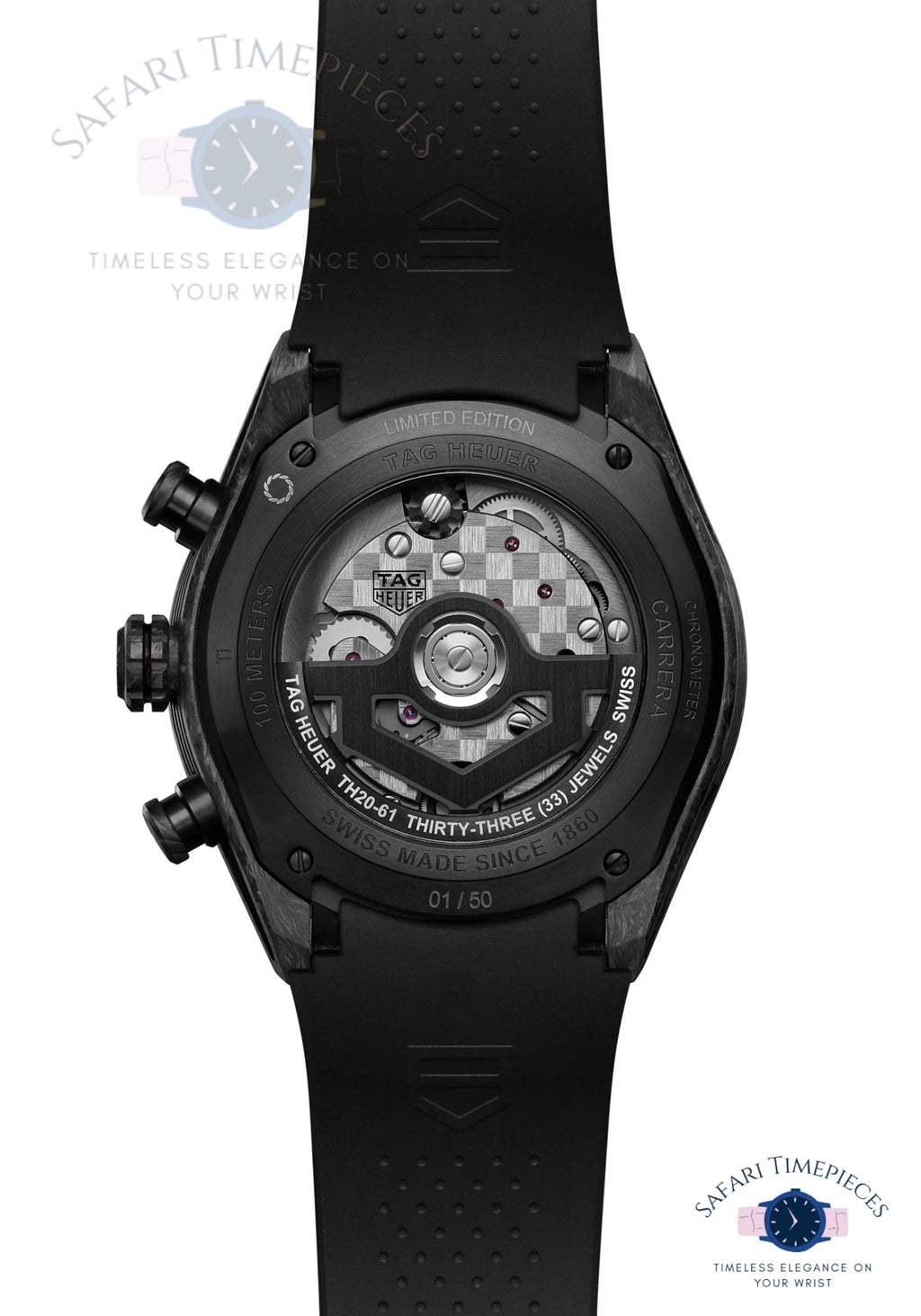 Black watch with open caseback revealing mechanical components on a white background