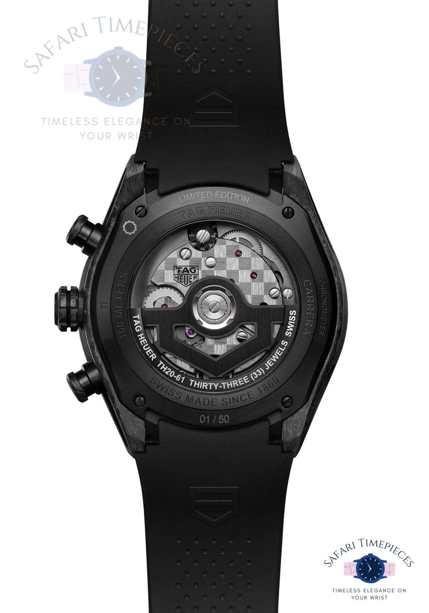 Black watch with open caseback revealing mechanical components on a white background