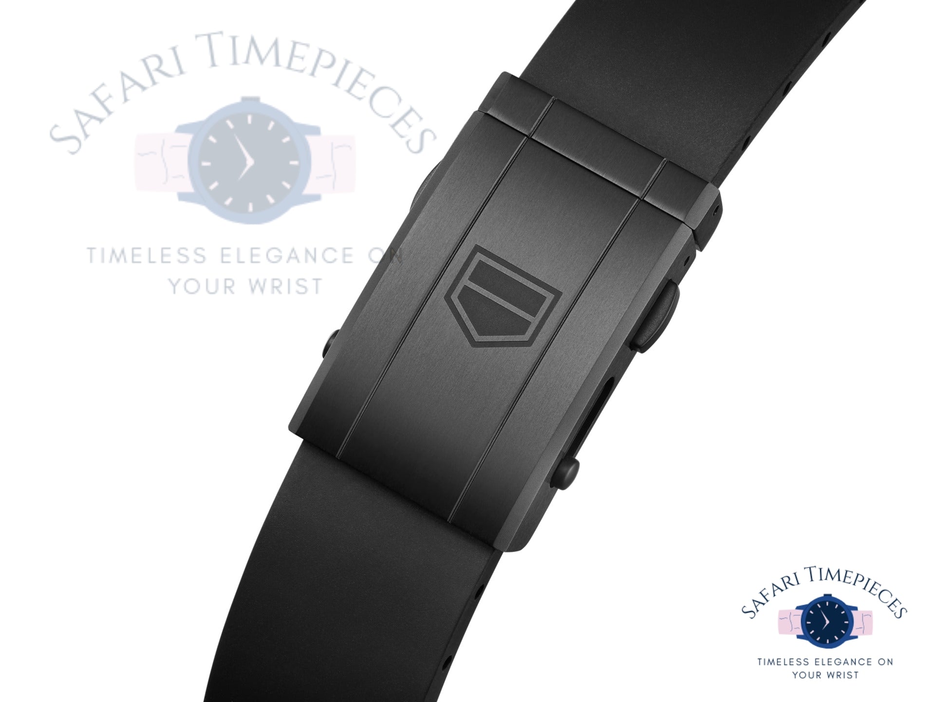 Black Tag Heuer watch strap with 'Safari Timepieces' branding on a white background