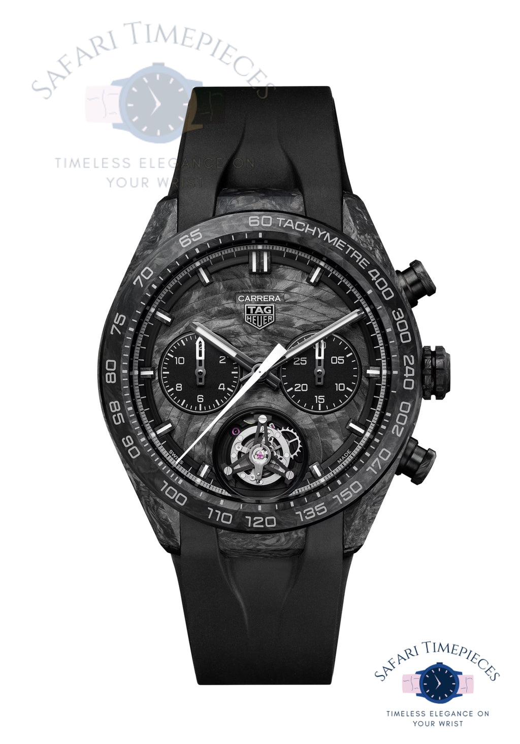 Black Tag Heuer watch with detailed face on a white background, featuring the brand 'Safari Timepieces'.