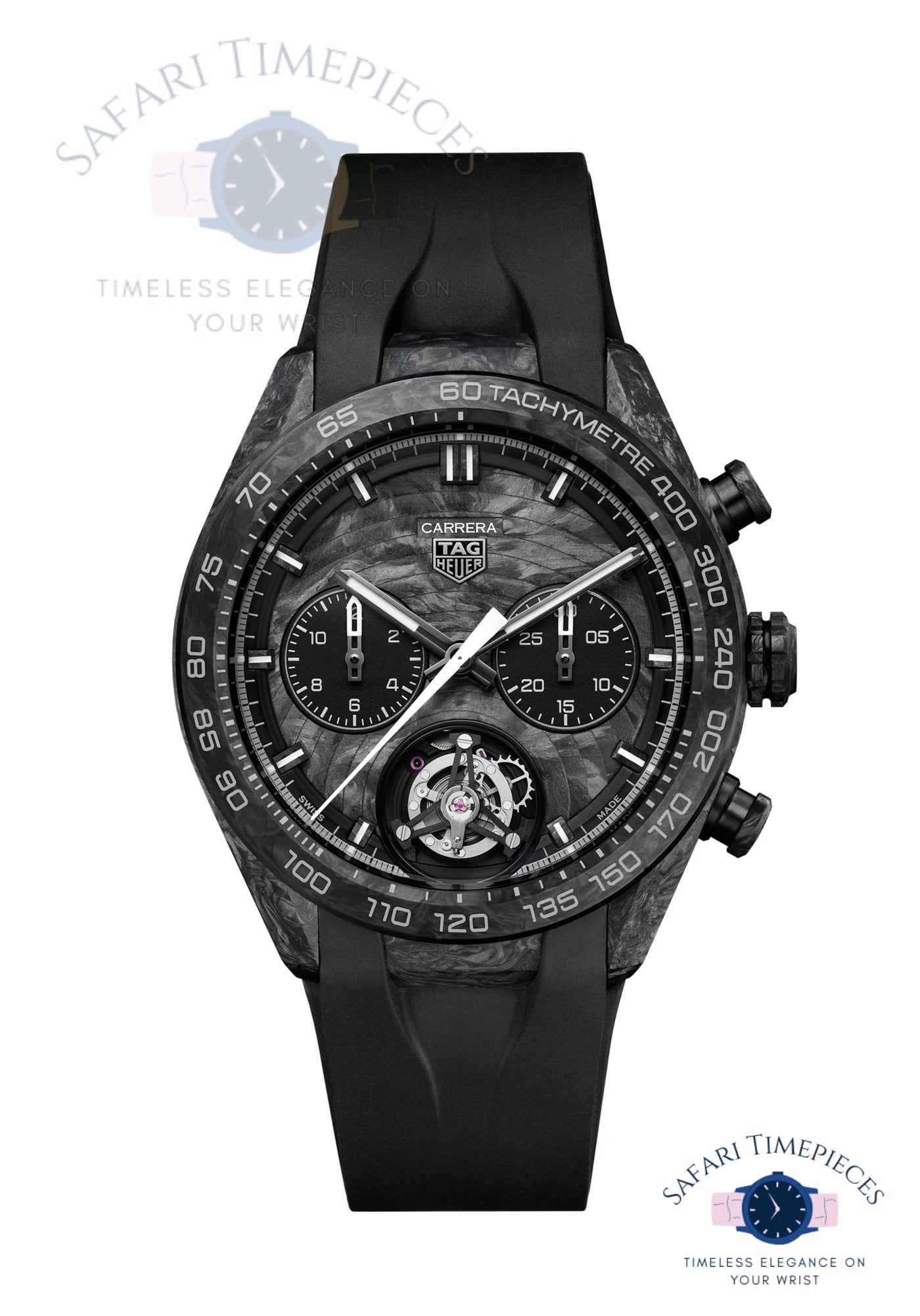 Black Tag Heuer watch with detailed face on a white background, featuring the brand 'Safari Timepieces'.