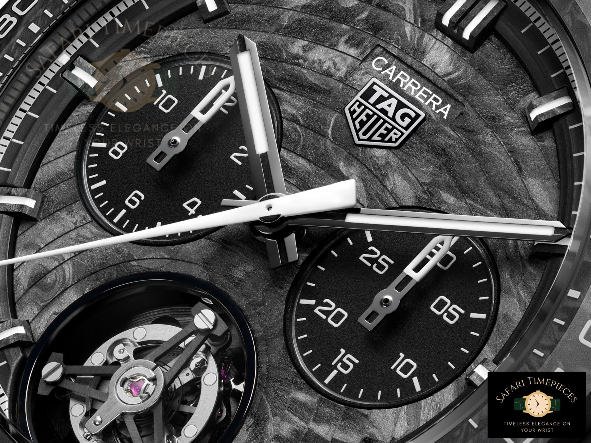 Close-up of a Tag Heuer Carrera watch with detailed design and brand logo.