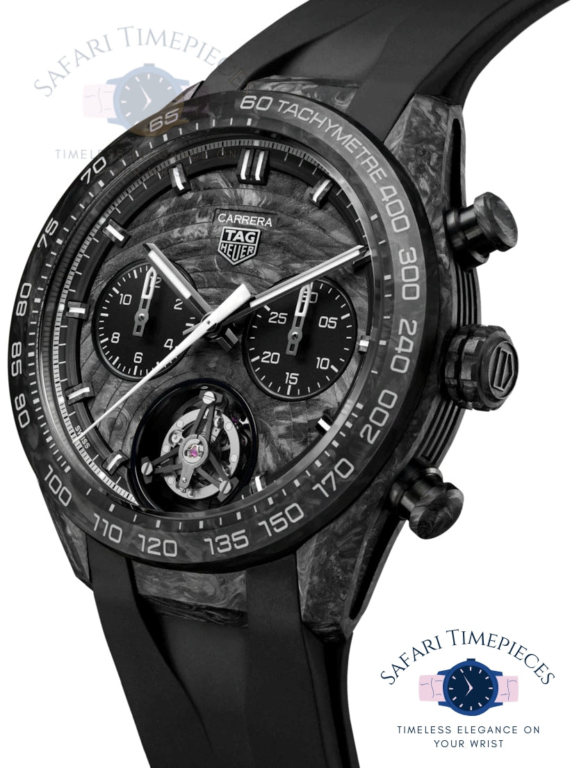 Tag Heuer Carrera watch with black dial and carbon fiber texture on a white background, featuring Safari Timepieces branding.