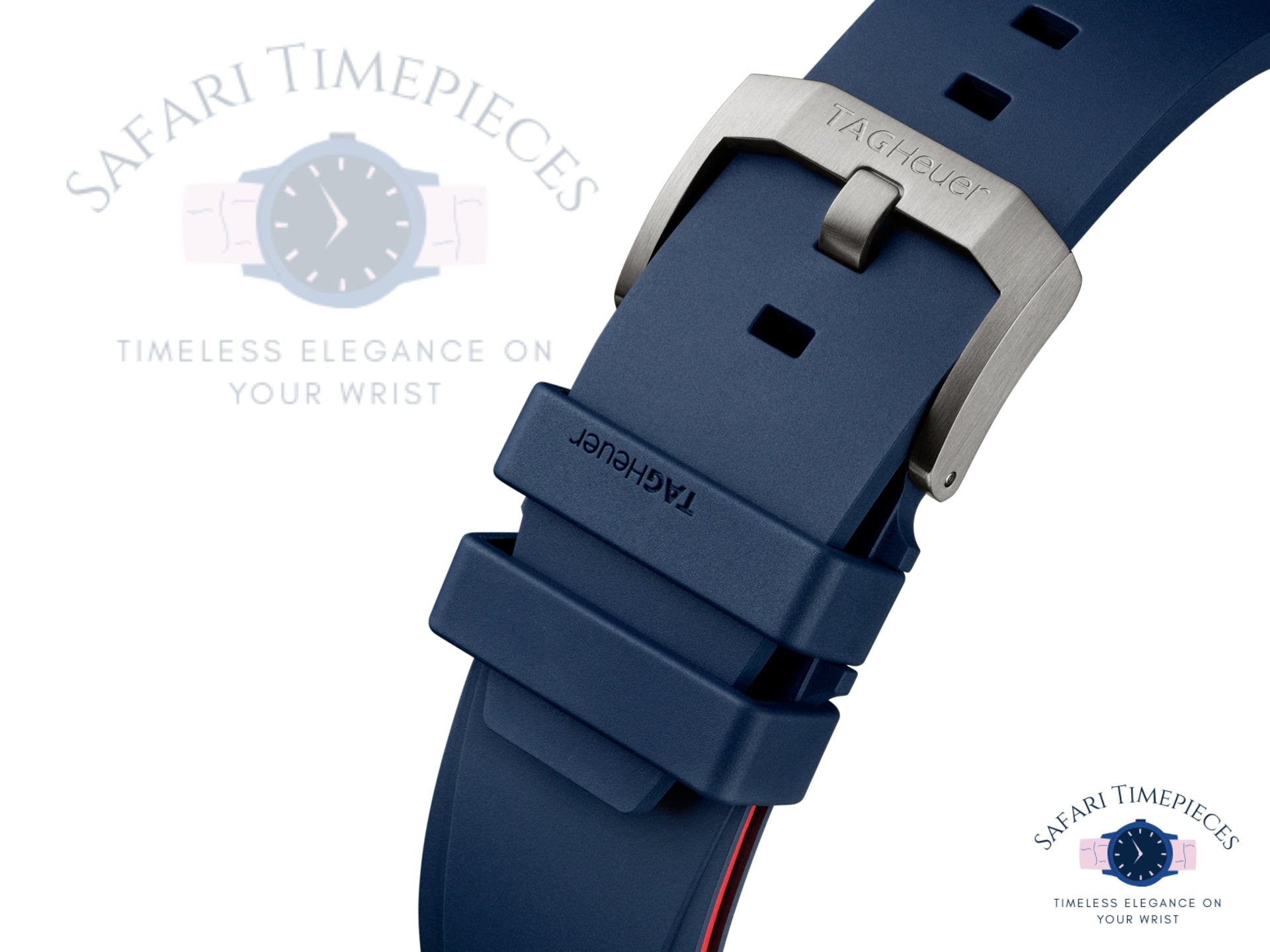 Close-up of a blue watch strap with silver buckle, featuring Tag Heuer branding, on a white background.