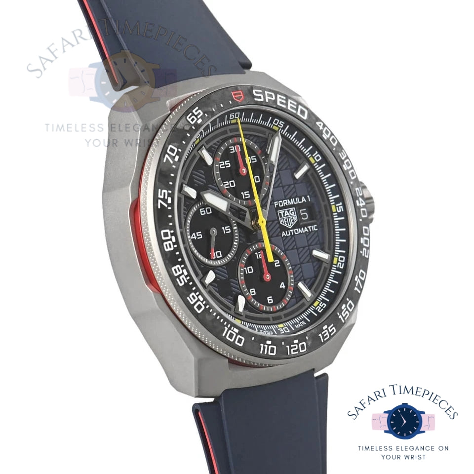 Tag Heuer watch with blue strap and detailed face on a white background