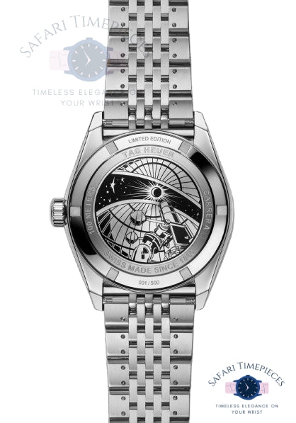 Silver TAG Heuer Carrera Astronomer wristwatch with detailed back  on a white background