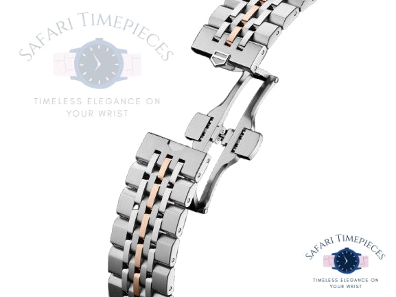 Close-up of a silver and rose gold TAG Heuer Carrera Astronomer watch strap with 'Safari Timepieces' branding.