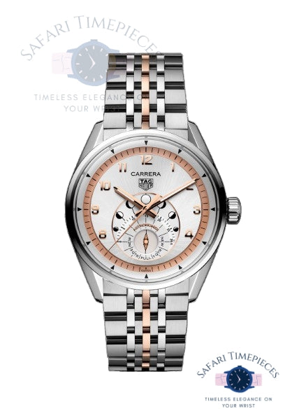 TAG Heuer Carrera Astronomer Luxury watch with silver and rose gold accents on a white background