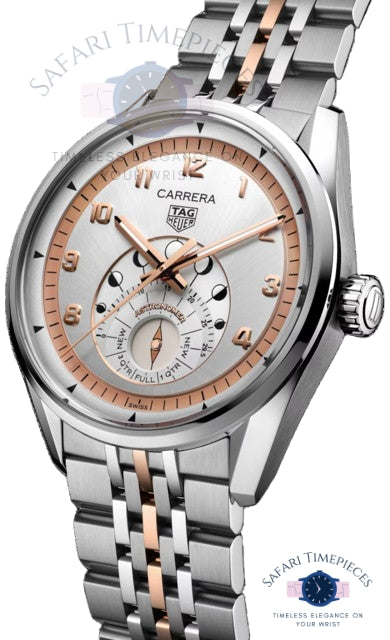 Tag Heuer Carrera watch with silver and rose gold accents on a white background