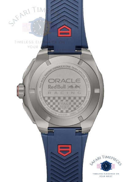 Watch with blue strap and silver case featuring Oracle Red Bull Racing logo on a white background.