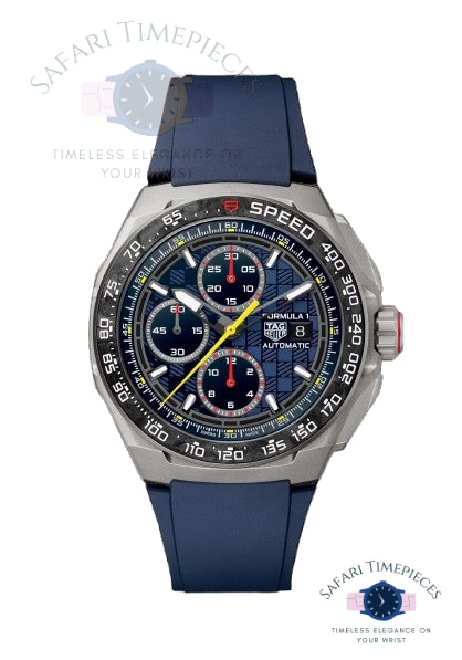 Blue and silver Tag Heuer watch with detailed face on a white background