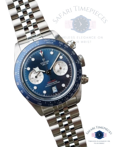 Tudor Black Bay Silver watch with blue face on a white background, featuring 