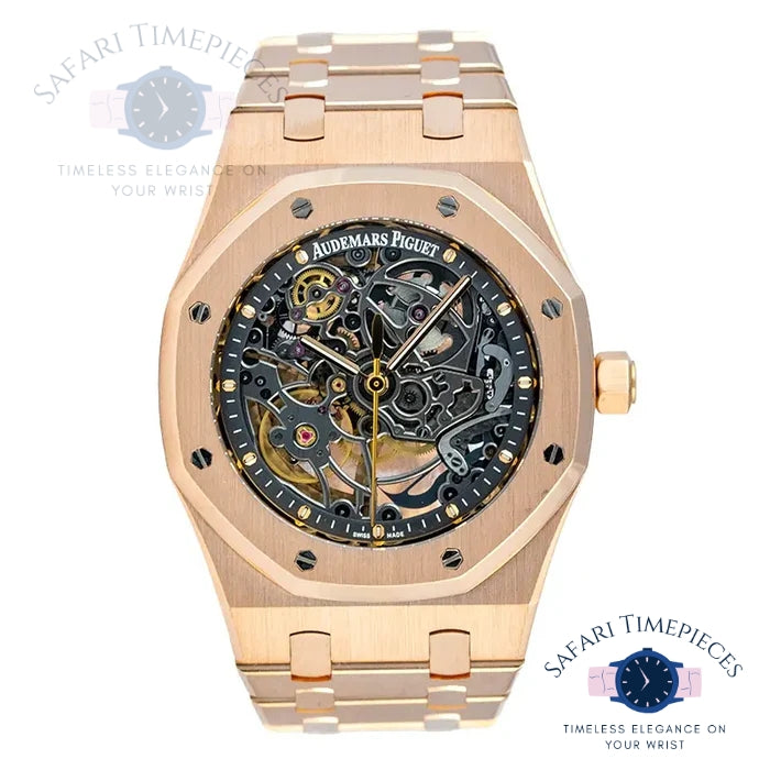 Audemars Piguet Royal Oak Double Balance Wheel Openworked Luxury rose gold watch with visible brand logo on a white background