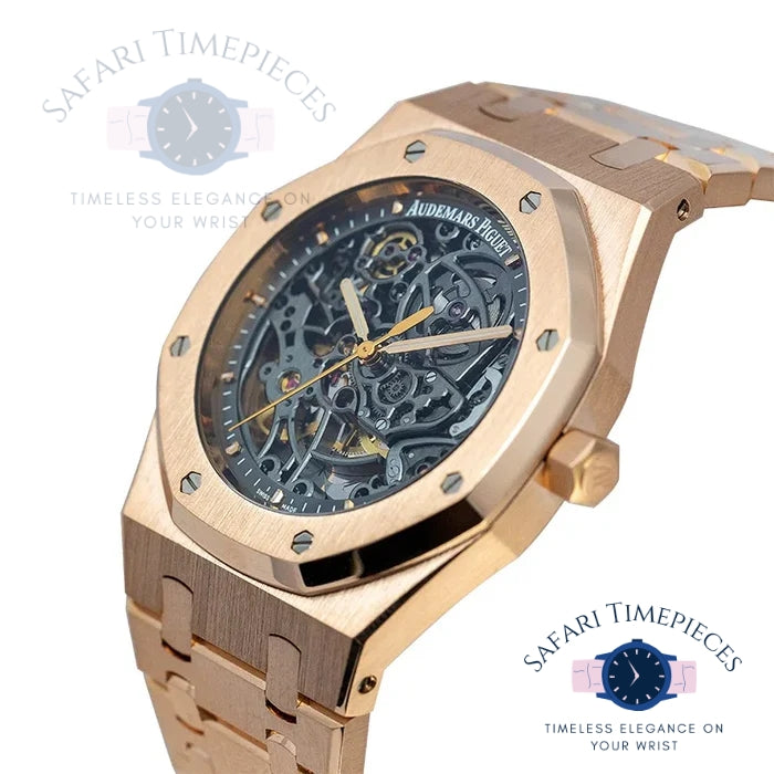 Audemars Piguet Royal Oak Double Balance Wheel Openworked Rose gold watch with a visible brand logo on a white background