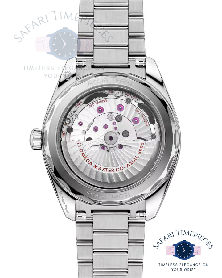 Close-up of a silver Omega watch with visible brand logo on a white background