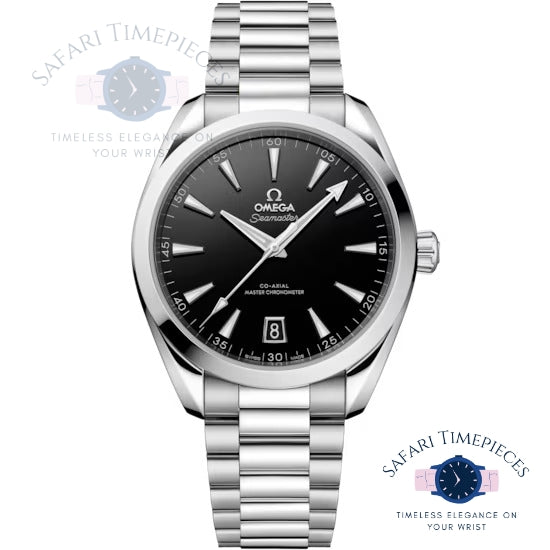 Silver Omega watch with black dial on a white background