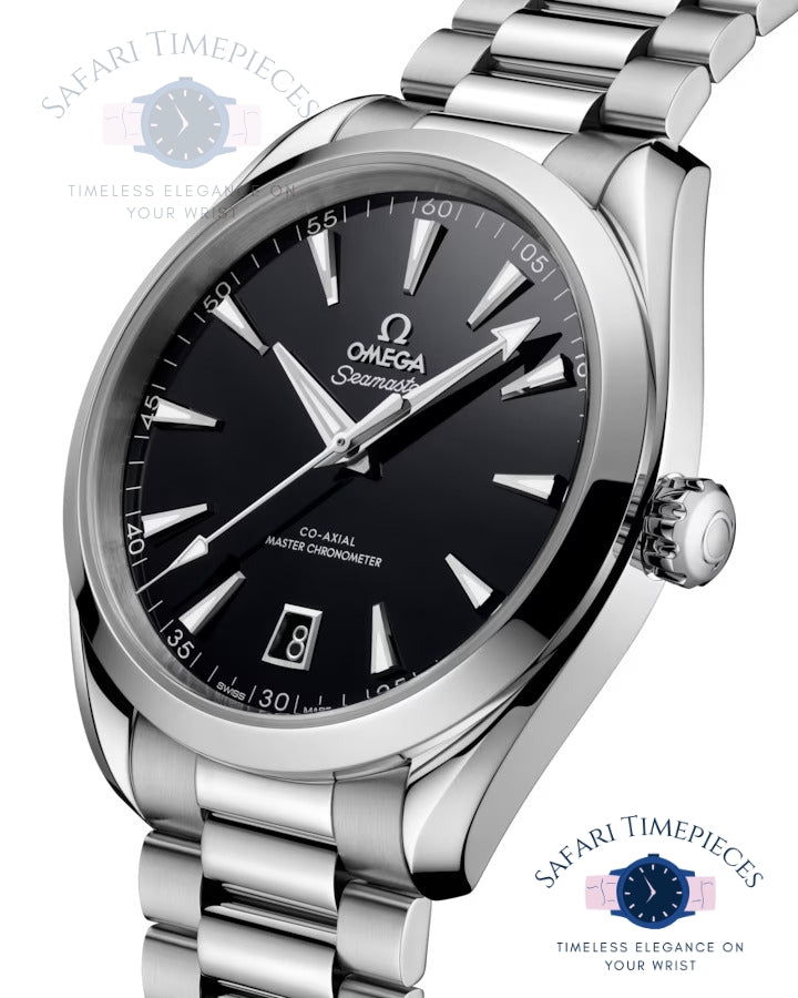 Silver Omega watch with black dial on a white background