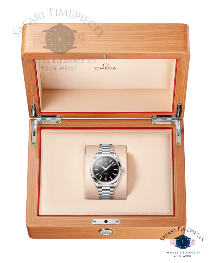 in a wooden box with 'Safari Timepieces' branding.